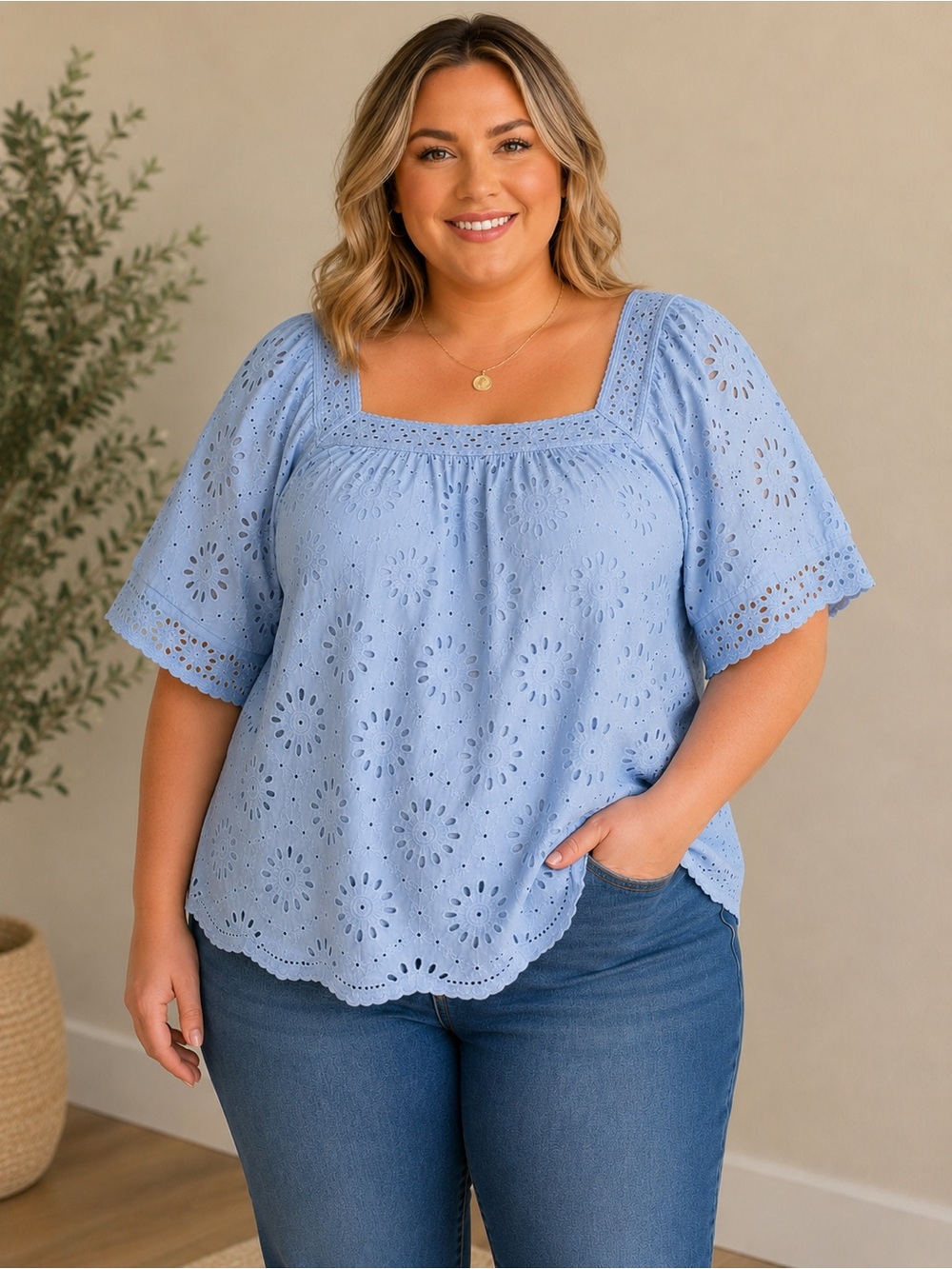 Ultra Pink Light Blue Eyelet Square-Neck Blouse